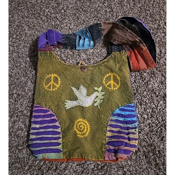 Peace Dove Flower Hippie Bohemian Hobo Green Canvas Purse Made In Nepal 15x15 - Picture 8 of 8